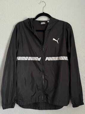 PUMA Black White Logo Windbreaker Jacket Size M Y2K Athleisure